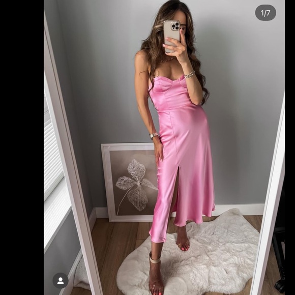 ZARA Bubblegum Pink Satin Effect Slit Strappy Back Embossed Cups Midi Dress $69. - Picture 14 of 17
